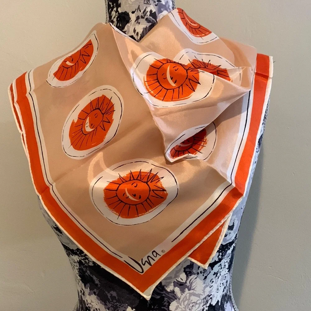 Vera Neumann Vintage Multi Suns Scarf Orange Tan White Black Made in Japan 26x26